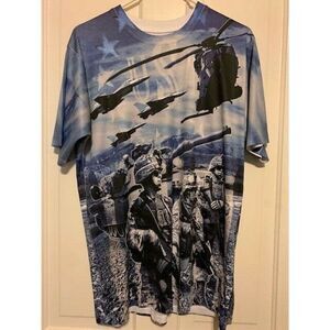 SPIRIT OF AMERICA MILITARY PLANES HELICOPTORS SIZE LARGE POLYESTER SHIRT